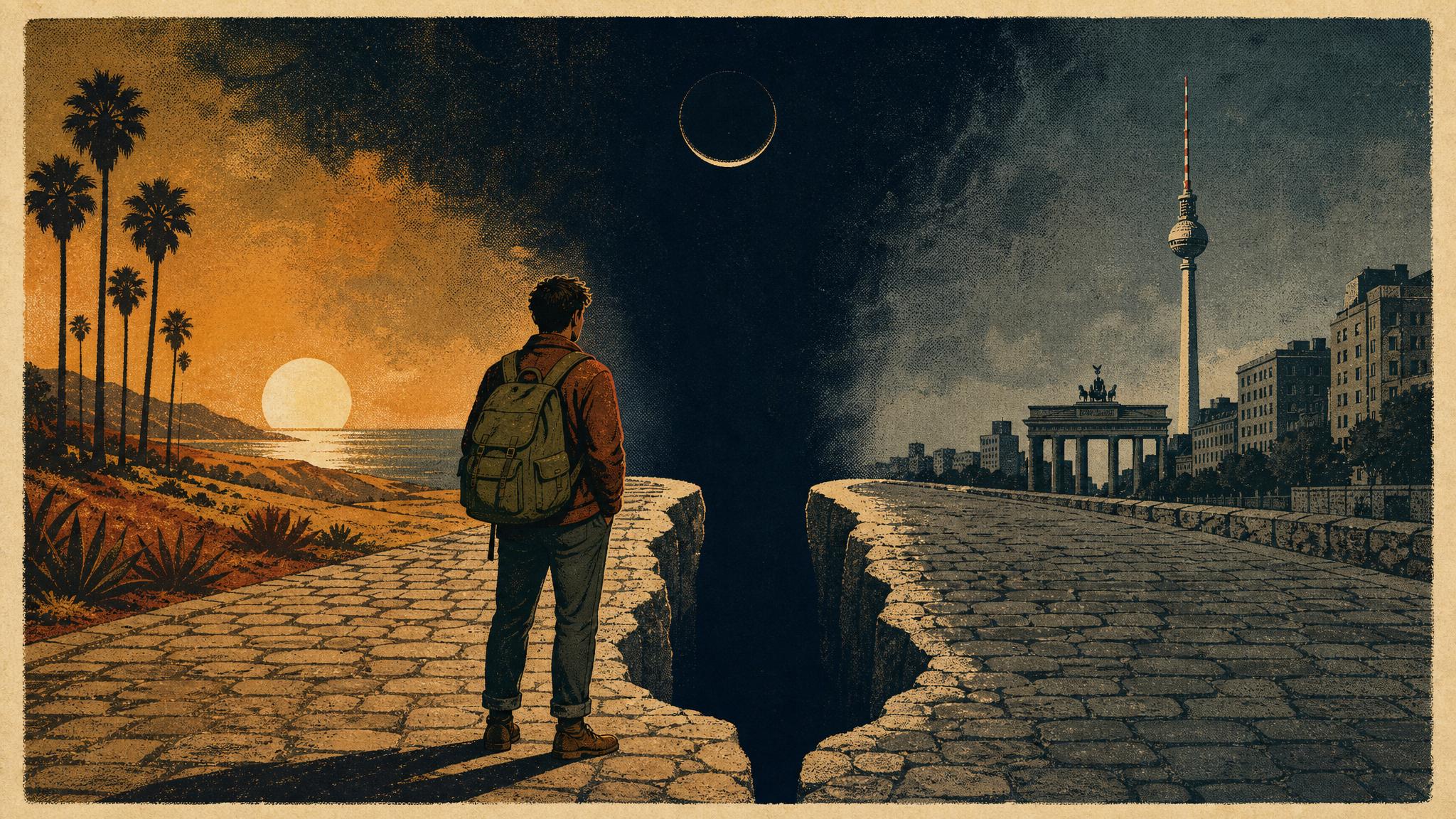 A lone traveler with an olive backpack stands before a dark gap between California and Berlin.