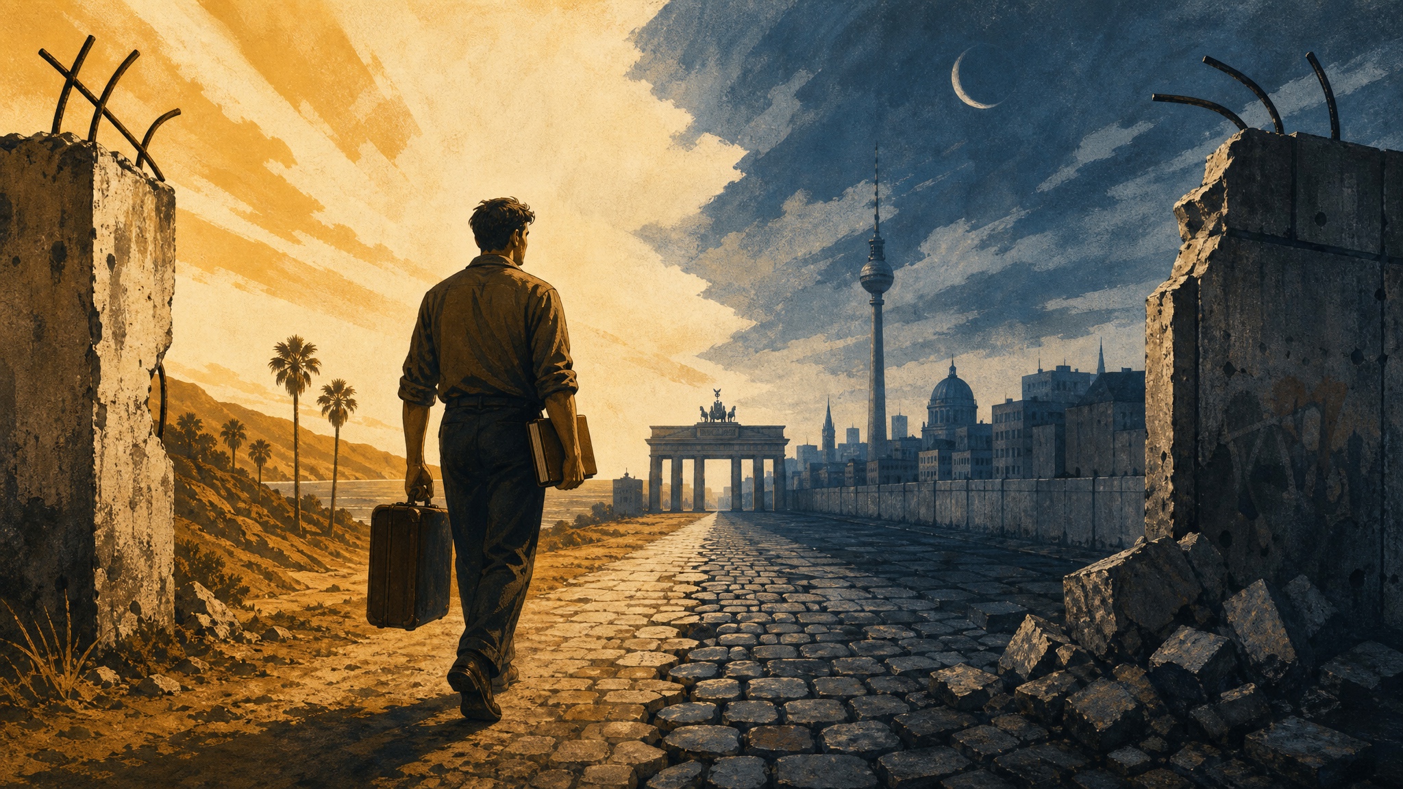 A man with a suitcase walks east along a cobblestone path through the broken seam of the Berlin Wall. Behind him to the left, a sunny California landscape with palm trees in golden light. Ahead to the right, Berlin at dusk with the Brandenburg Gate, the Fernsehturm, and a crescent moon. The day-night split runs through the center, opposites meeting at the threshold where he walks. Socialist realist poster, halftone screenprint.