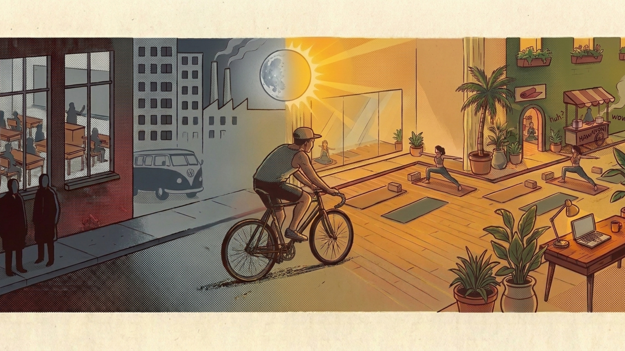 A lone man rides a bicycle through a summer Berlin street under a full moon, leaving a blank café crowd and old institutions behind as a warm open path, food stall, yoga doorway, and small glowing laptop appear ahead. Vintage socialist realist halftone poster.